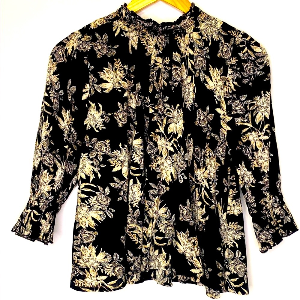 Free People Floral Black and Cream Women's Top | Small